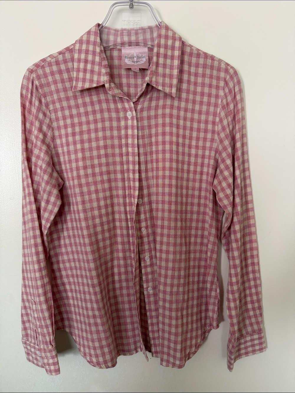 Romeo & Juliet Couture Pink and Cream Gingham Women Button-Down Shirt